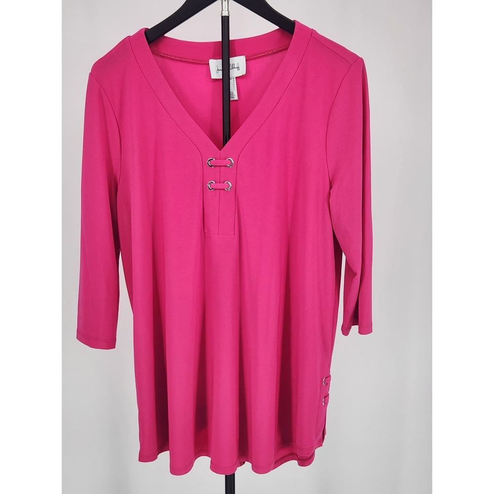 Joseph Ribkoff Fuchsia Pink V-Neck Grommet Tunic Top 3/4 Sleeve Womens Size 12